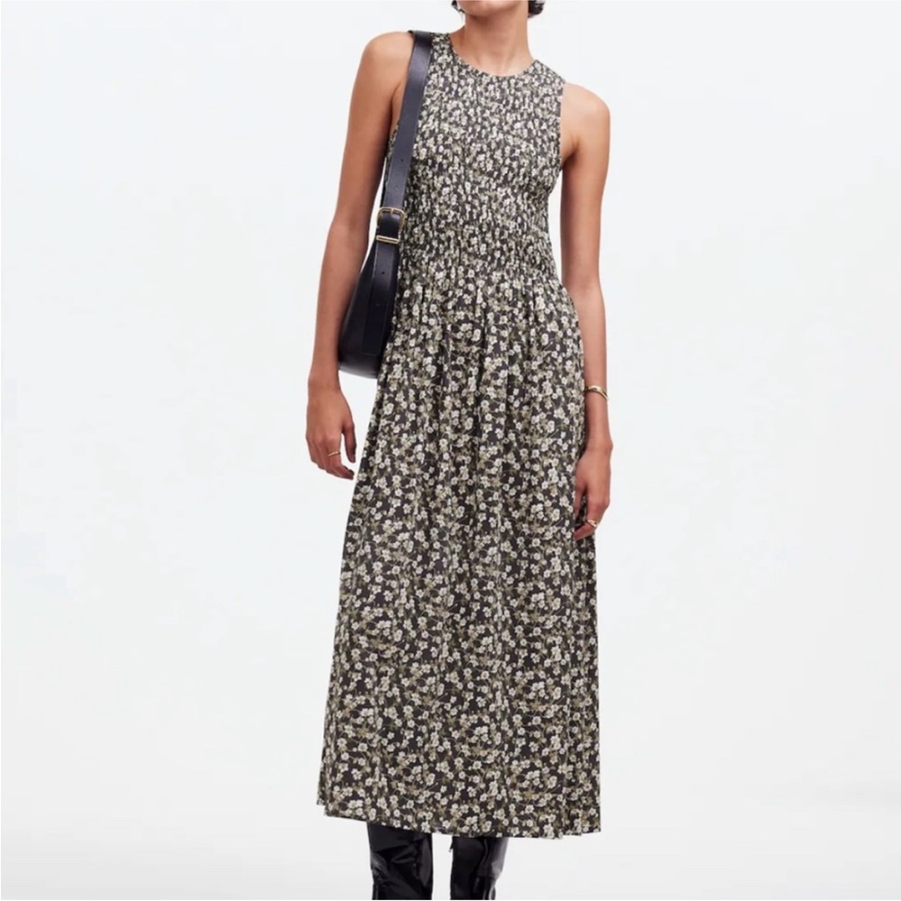 Madewell Melody Smocked Olive Floral Midi Dress